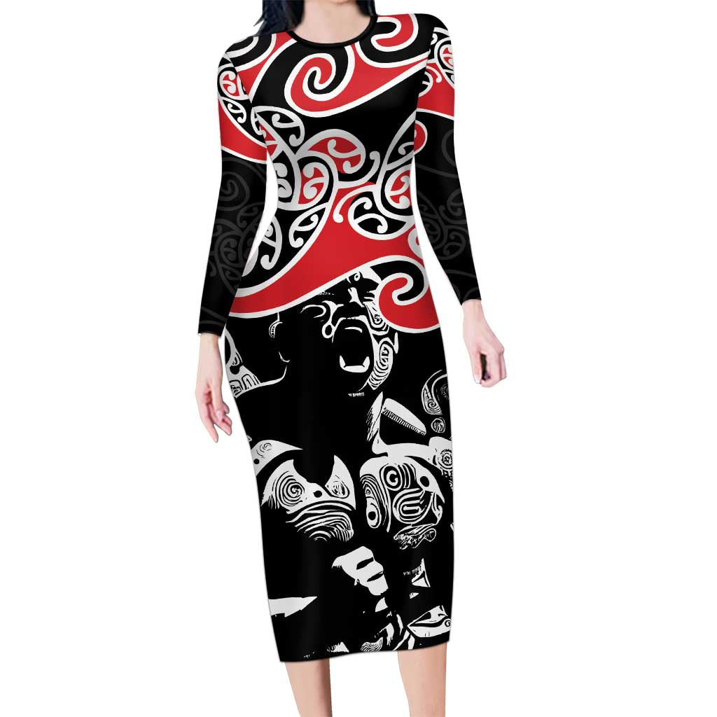 Aotearoa Toitu Te Tiriti Family Matching Long Sleeve Bodycon Dress and Hawaiian Shirt New Zealand Stand Together Stand Stronger LT9 Mom's Dress Black - Polynesian Pride