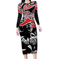 Aotearoa Toitu Te Tiriti Long Sleeve Bodycon Dress New Zealand Stand Together Stand Stronger LT9 Long Dress Black - Polynesian Pride