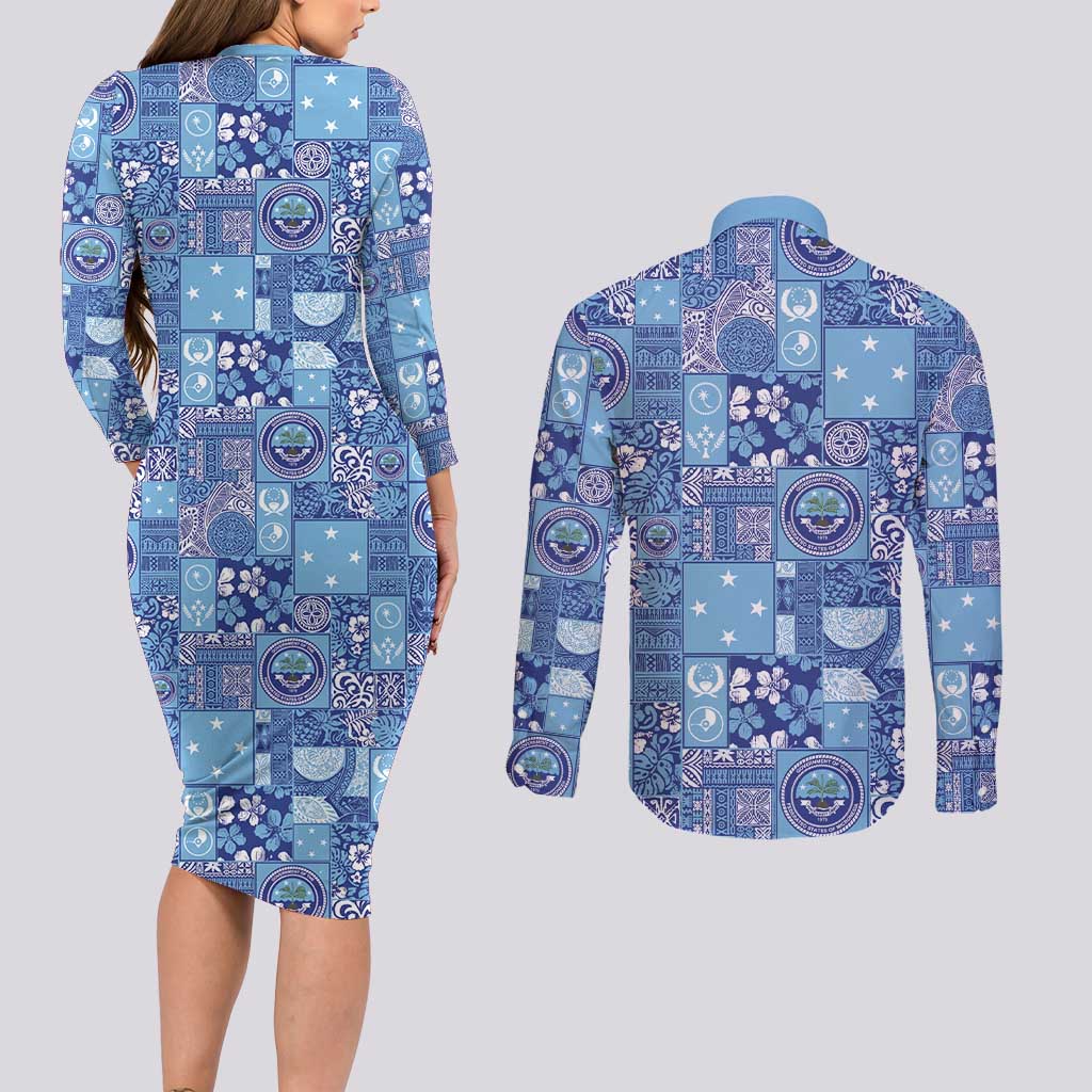 Federated States of Micronesia Merry Christmas Couples Matching Long Sleeve Bodycon Dress and Long Sleeve Button Shirt Pacific Patchwork Xmas Vibes - Polynesian Pride