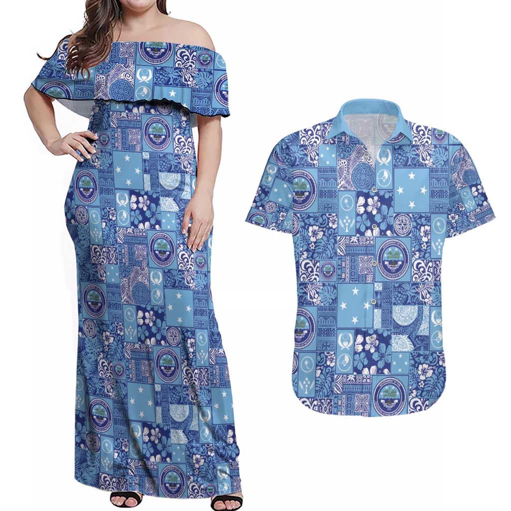 Federated States of Micronesia Merry Christmas Couples Matching Off Shoulder Maxi Dress and Hawaiian Shirt Pacific Patchwork Xmas Vibes - Polynesian Pride