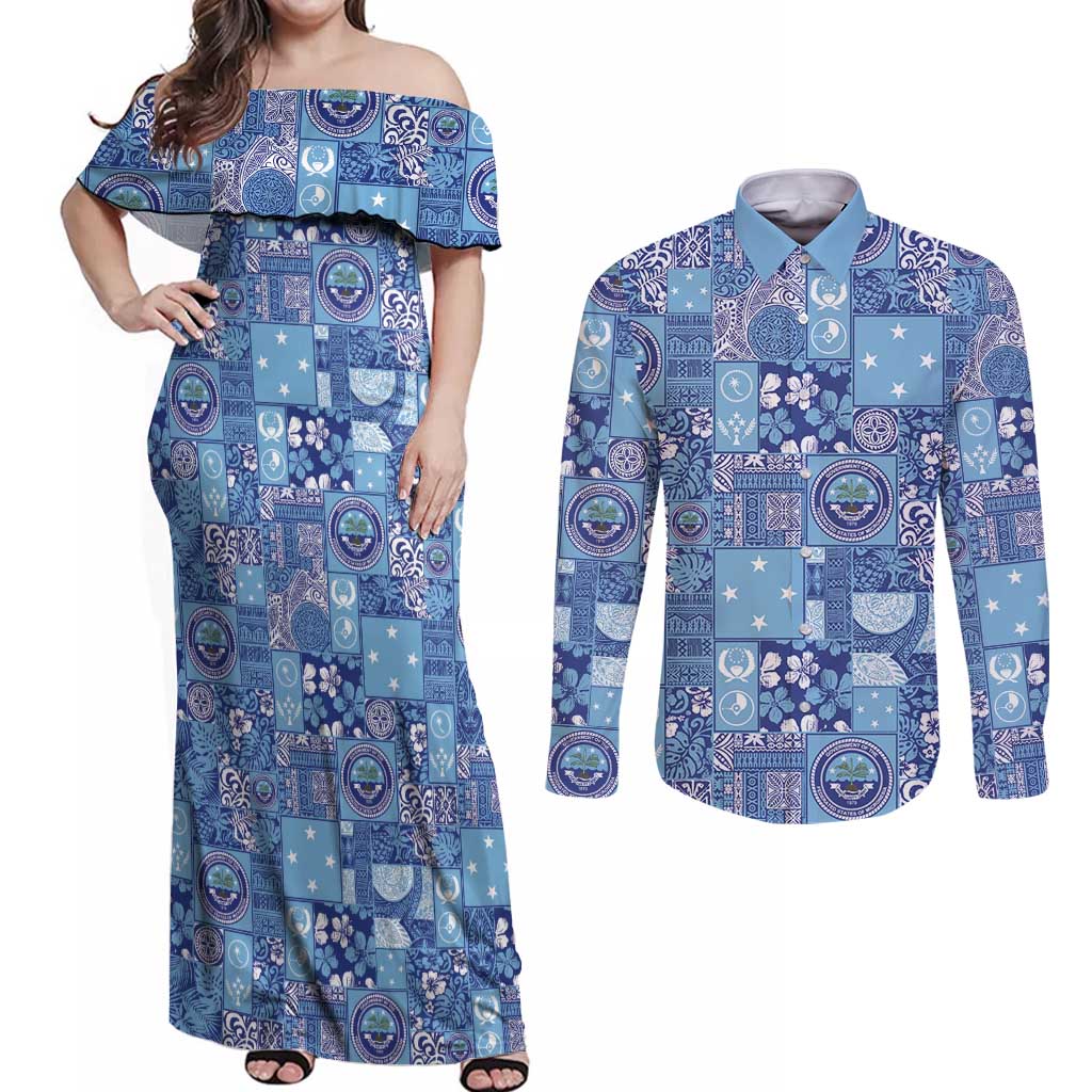 Federated States of Micronesia Merry Christmas Couples Matching Off Shoulder Maxi Dress and Long Sleeve Button Shirt Pacific Patchwork Xmas Vibes - Polynesian Pride