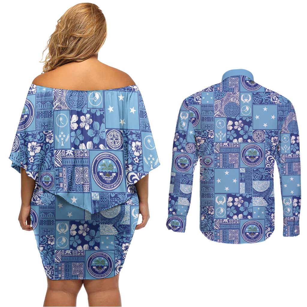 Federated States of Micronesia Merry Christmas Couples Matching Off Shoulder Short Dress and Long Sleeve Button Shirt Pacific Patchwork Xmas Vibes - Polynesian Pride
