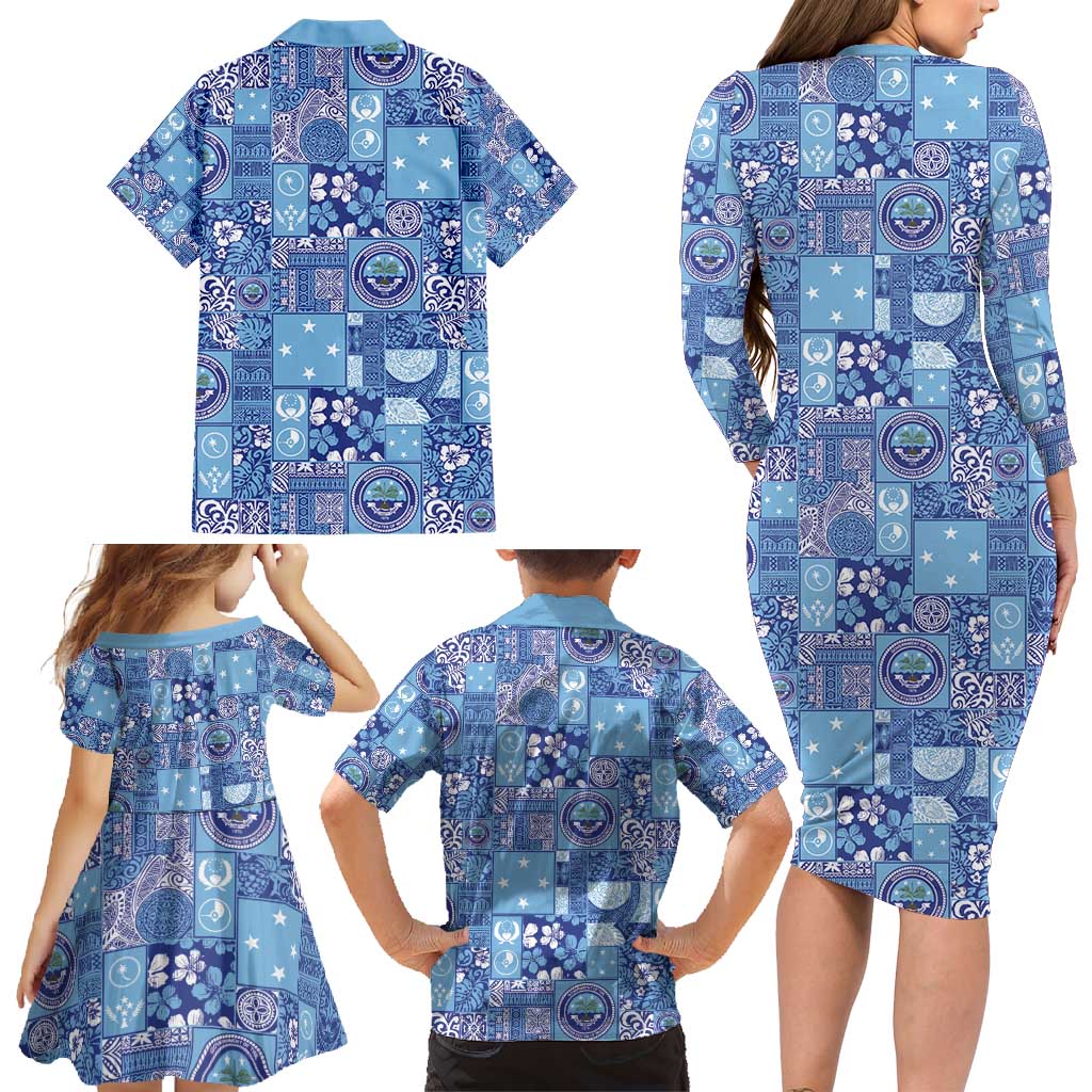 Federated States of Micronesia Merry Christmas Family Matching Long Sleeve Bodycon Dress and Hawaiian Shirt Pacific Patchwork Xmas Vibes - Polynesian Pride