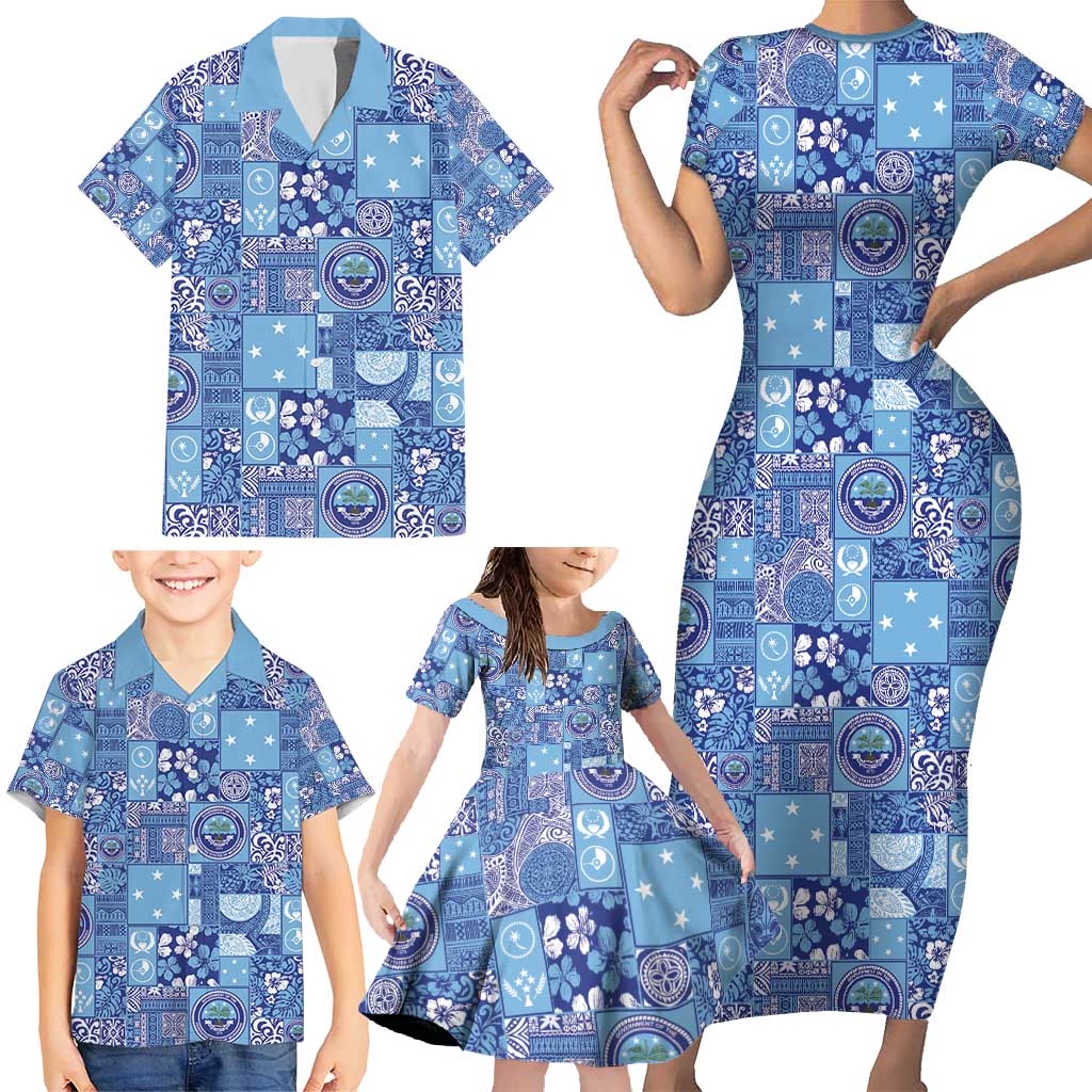 Federated States of Micronesia Merry Christmas Family Matching Short Sleeve Bodycon Dress and Hawaiian Shirt Pacific Patchwork Xmas Vibes - Polynesian Pride