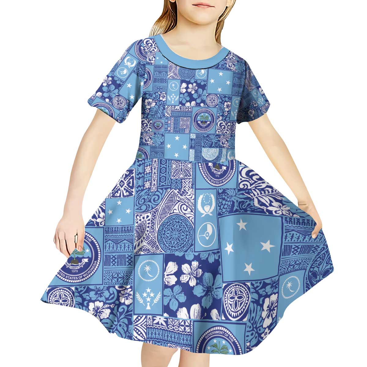 Federated States of Micronesia Merry Christmas Kid Short Sleeve Dress Pacific Patchwork Xmas Vibes - Polynesian Pride