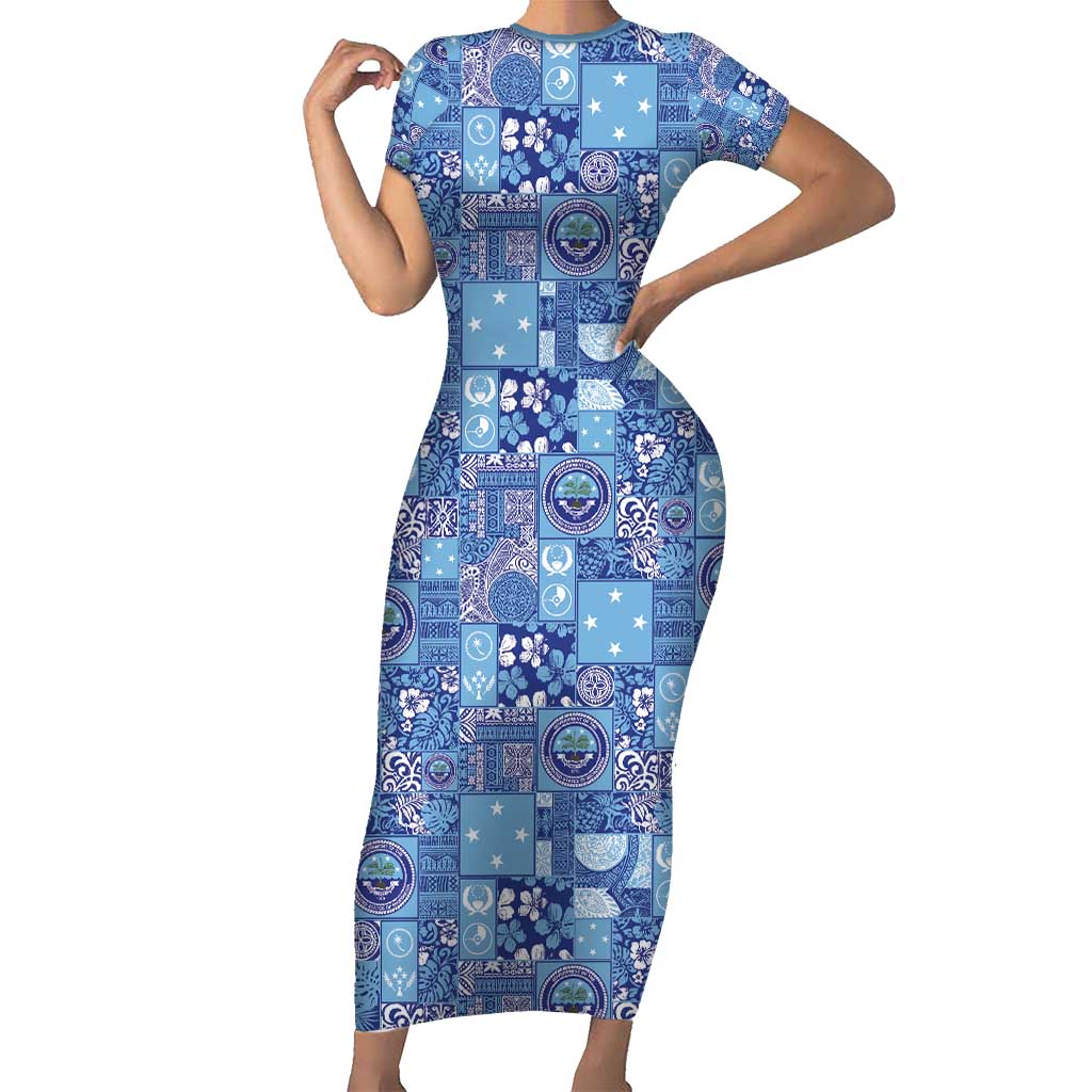 Federated States of Micronesia Merry Christmas Short Sleeve Bodycon Dress Pacific Patchwork Xmas Vibes - Polynesian Pride