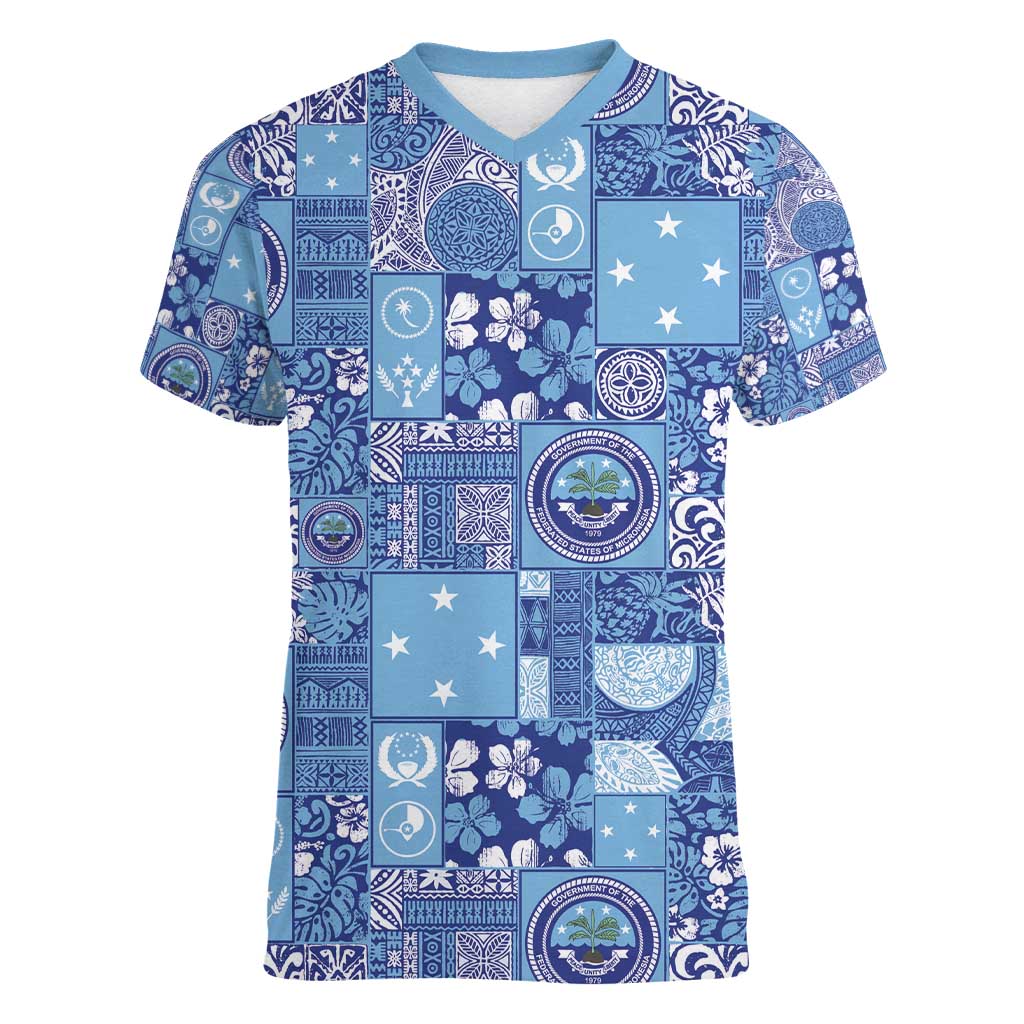 Federated States of Micronesia Merry Christmas Women V-Neck T-Shirt Pacific Patchwork Xmas Vibes - Polynesian Pride