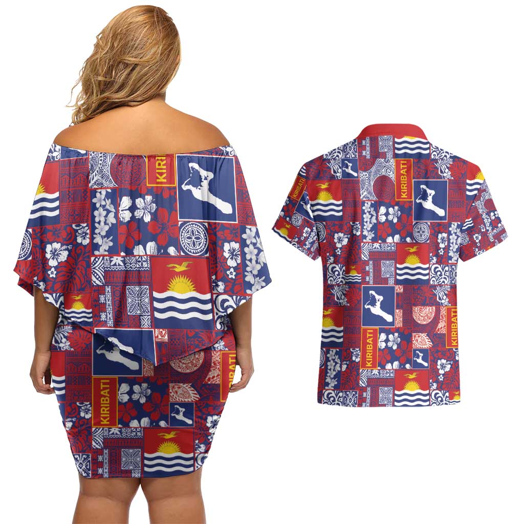 Kiribati Tekeraoi n te Kiritimati Couples Matching Off Shoulder Short Dress and Hawaiian Shirt Pacific Patchwork Xmas Vibes - Polynesian Pride