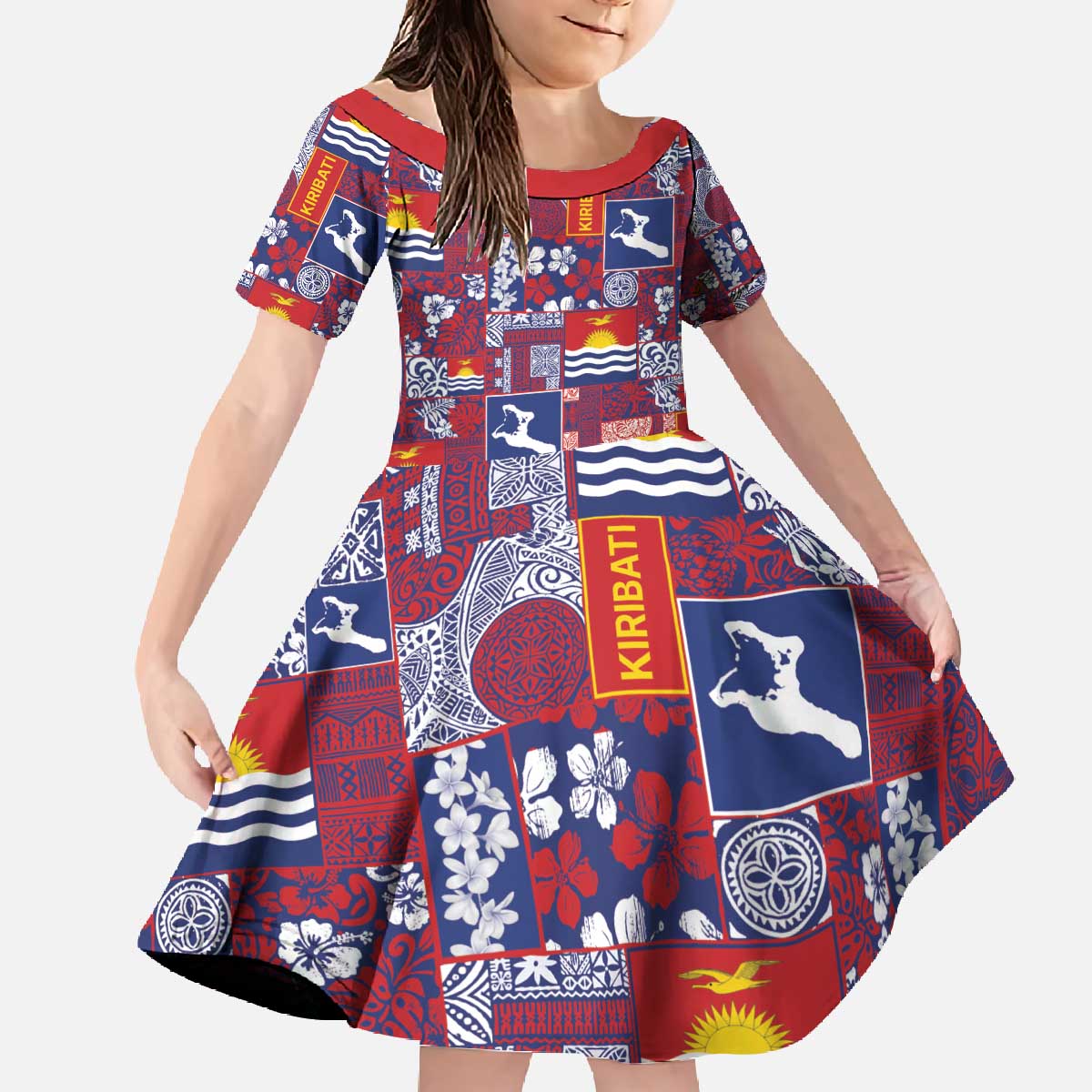 Kiribati Tekeraoi n te Kiritimati Family Matching Off The Shoulder Long Sleeve Dress and Hawaiian Shirt Pacific Patchwork Xmas Vibes - Polynesian Pride