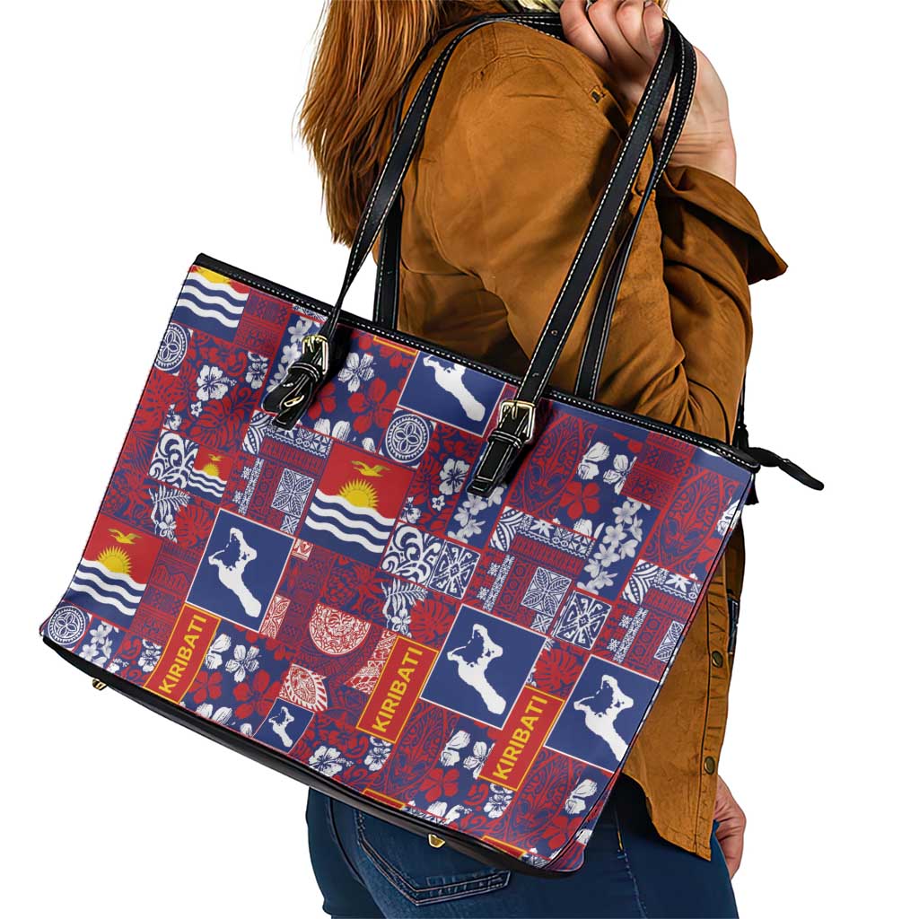Kiribati Tekeraoi n te Kiritimati Leather Tote Bag Pacific Patchwork Xmas Vibes - Polynesian Pride