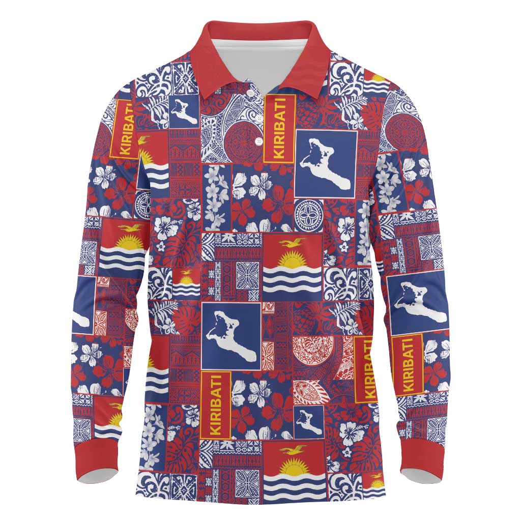 Kiribati Tekeraoi n te Kiritimati Long Sleeve Polo Shirt Pacific Patchwork Xmas Vibes - Polynesian Pride