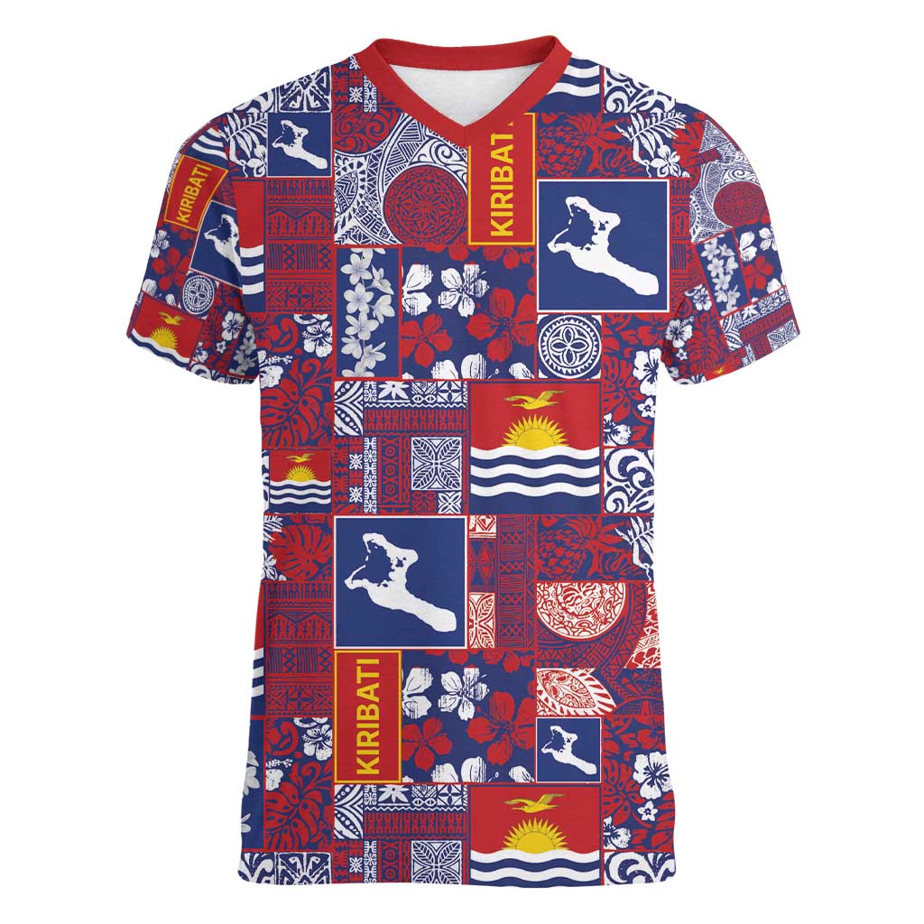 Kiribati Tekeraoi n te Kiritimati Women V-Neck T-Shirt Pacific Patchwork Xmas Vibes - Polynesian Pride