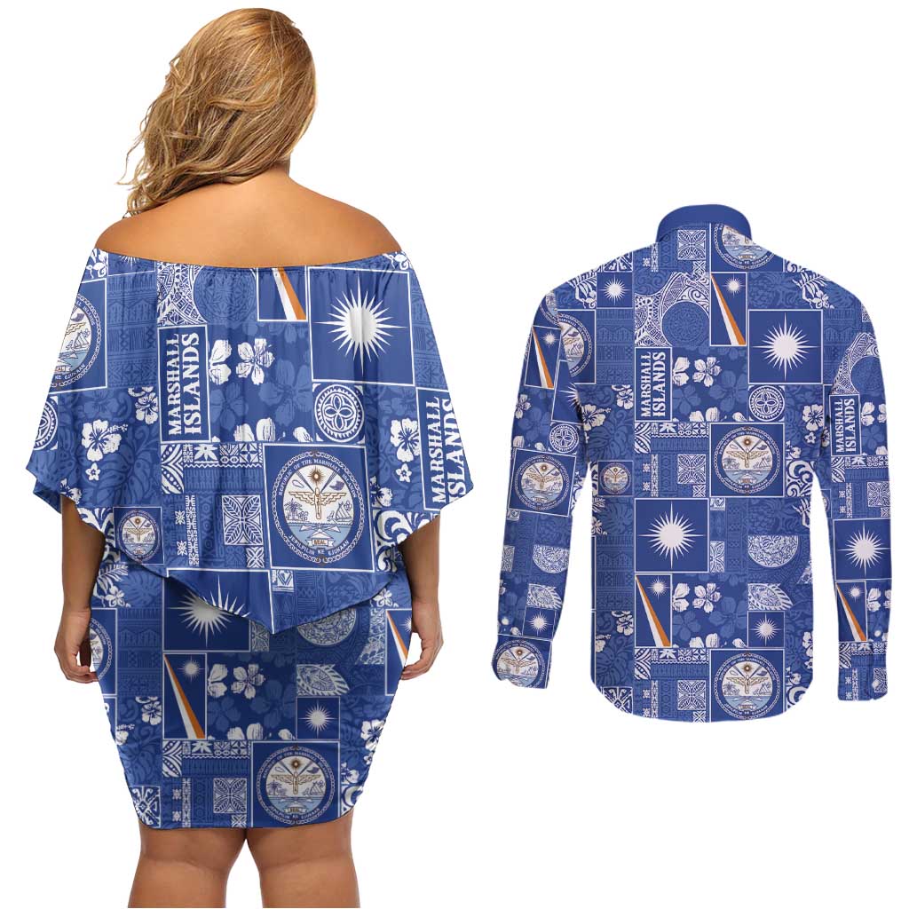 Marshall Islands Merry Christmas Couples Matching Off Shoulder Short Dress and Long Sleeve Button Shirt Pacific Patchwork Xmas Vibes - Polynesian Pride