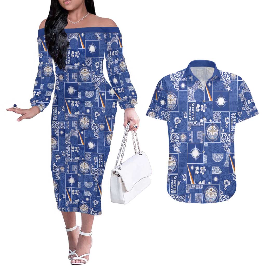 Marshall Islands Merry Christmas Couples Matching Off The Shoulder Long Sleeve Dress and Hawaiian Shirt Pacific Patchwork Xmas Vibes - Polynesian Pride