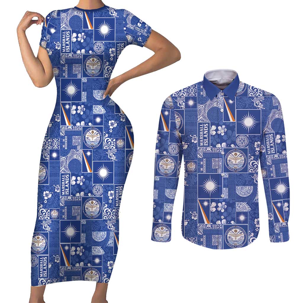 Marshall Islands Merry Christmas Couples Matching Short Sleeve Bodycon Dress and Long Sleeve Button Shirt Pacific Patchwork Xmas Vibes - Polynesian Pride