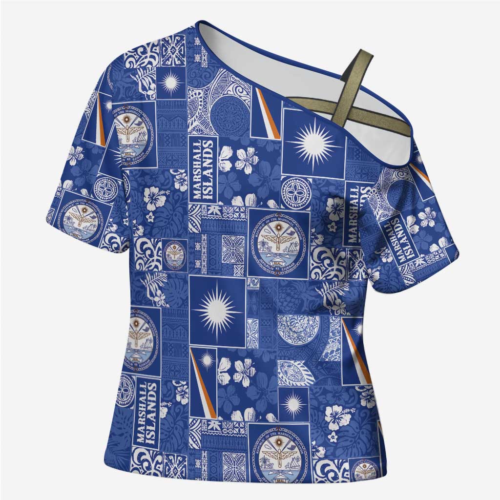 Marshall Islands Merry Christmas Cross Shoulder Shirt Pacific Patchwork Xmas Vibes - Polynesian Pride