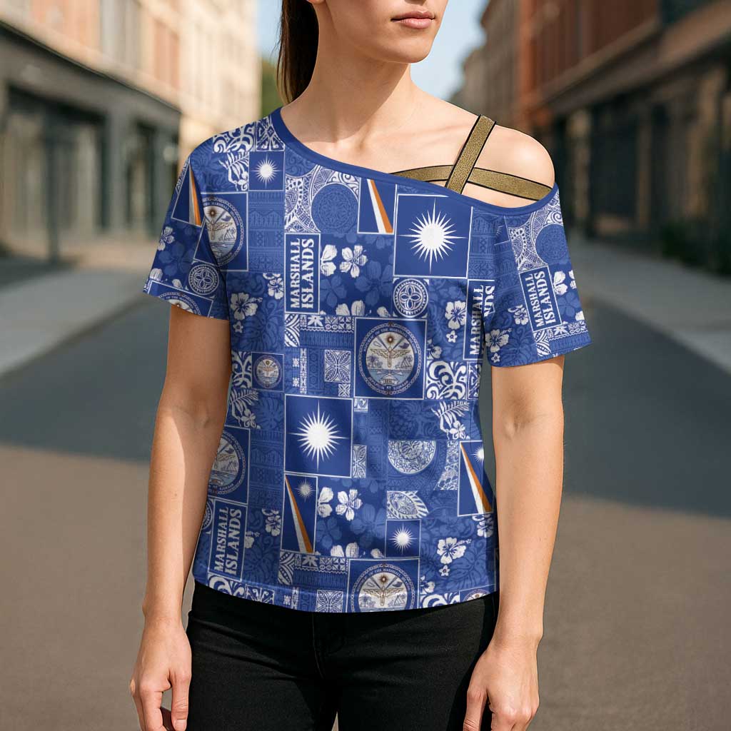 Marshall Islands Merry Christmas Cross Shoulder Shirt Pacific Patchwork Xmas Vibes - Polynesian Pride
