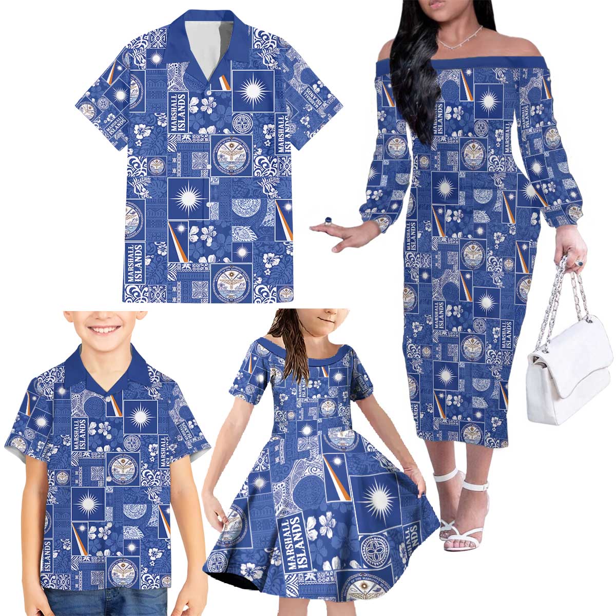 Marshall Islands Merry Christmas Family Matching Off The Shoulder Long Sleeve Dress and Hawaiian Shirt Pacific Patchwork Xmas Vibes - Polynesian Pride