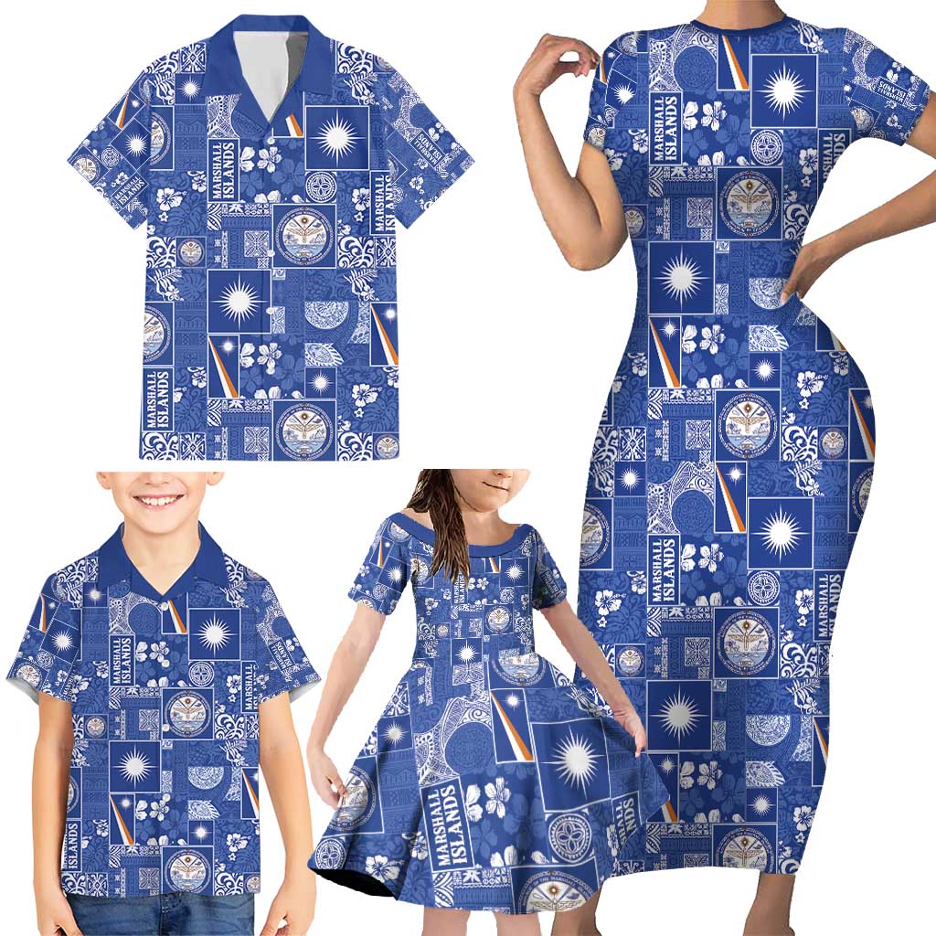Marshall Islands Merry Christmas Family Matching Short Sleeve Bodycon Dress and Hawaiian Shirt Pacific Patchwork Xmas Vibes - Polynesian Pride