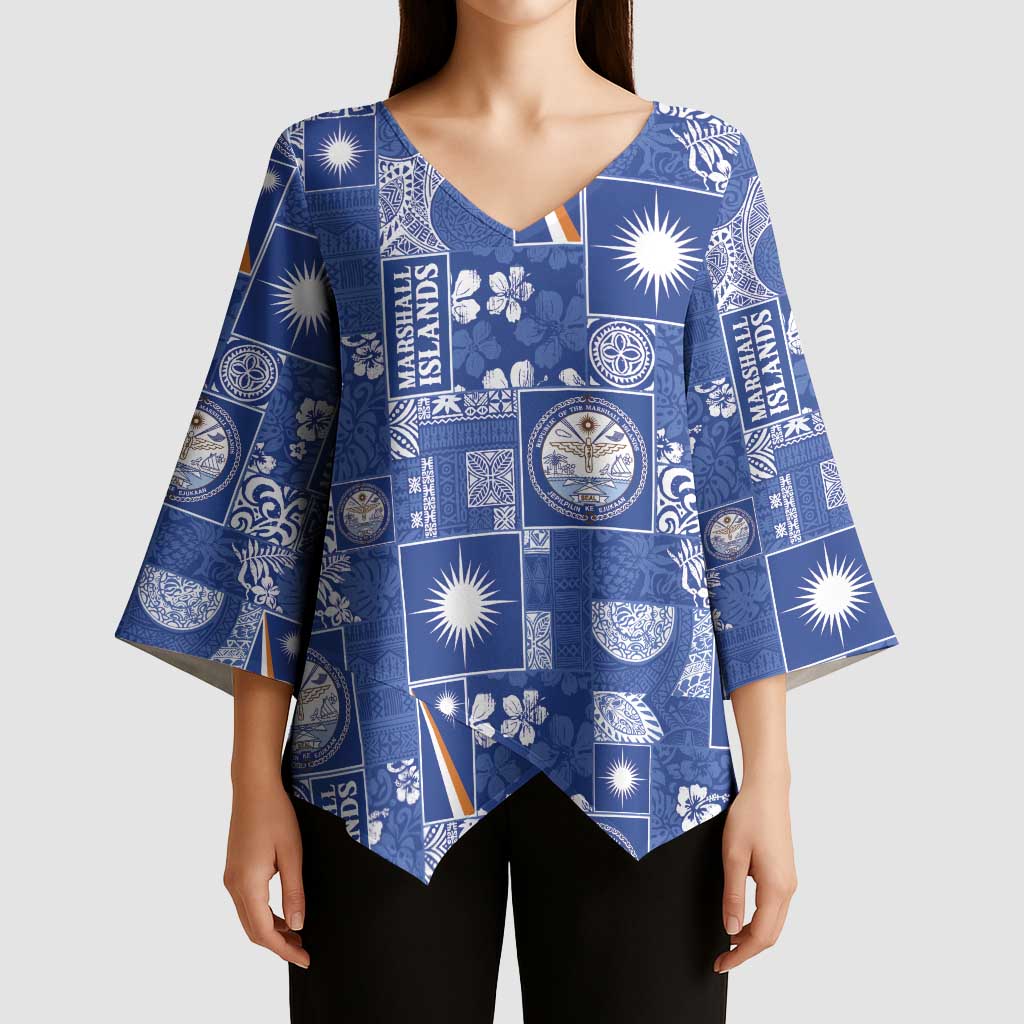 Marshall Islands Merry Christmas Kimono Sleeve Blouse Pacific Patchwork Xmas Vibes - Polynesian Pride