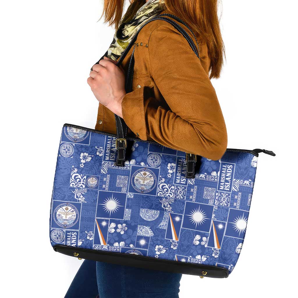 Marshall Islands Merry Christmas Leather Tote Bag Pacific Patchwork Xmas Vibes - Polynesian Pride