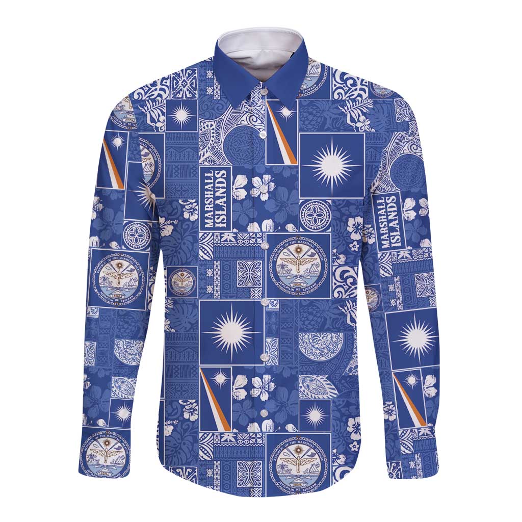 Marshall Islands Merry Christmas Long Sleeve Button Shirt Pacific Patchwork Xmas Vibes - Polynesian Pride