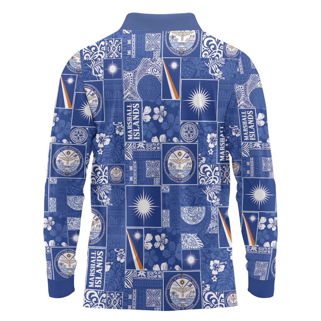 Marshall Islands Merry Christmas Long Sleeve Polo Shirt Pacific Patchwork Xmas Vibes - Polynesian Pride