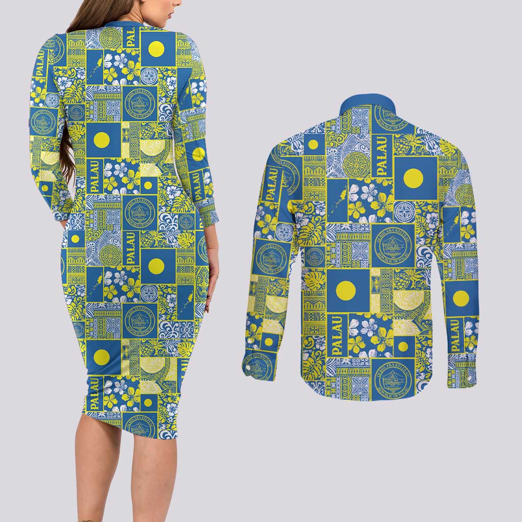 Palau Ungil Kurismas Couples Matching Long Sleeve Bodycon Dress and Long Sleeve Button Shirt Pacific Patchwork Xmas Vibes - Polynesian Pride