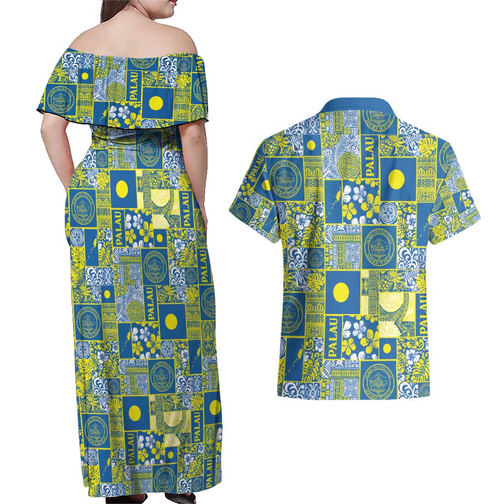 Palau Ungil Kurismas Couples Matching Off Shoulder Maxi Dress and Hawaiian Shirt Pacific Patchwork Xmas Vibes - Polynesian Pride