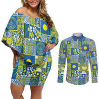 Palau Ungil Kurismas Couples Matching Off Shoulder Short Dress and Long Sleeve Button Shirt Pacific Patchwork Xmas Vibes - Polynesian Pride
