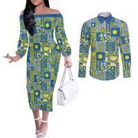 Palau Ungil Kurismas Couples Matching Off The Shoulder Long Sleeve Dress and Long Sleeve Button Shirt Pacific Patchwork Xmas Vibes - Polynesian Pride