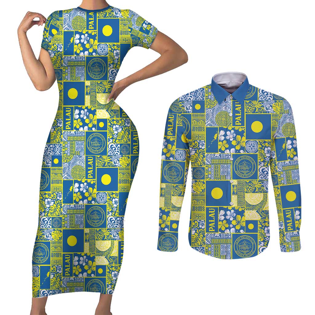 Palau Ungil Kurismas Couples Matching Short Sleeve Bodycon Dress and Long Sleeve Button Shirt Pacific Patchwork Xmas Vibes - Polynesian Pride