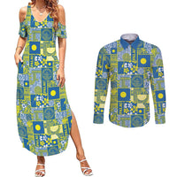 Palau Ungil Kurismas Couples Matching Summer Maxi Dress and Long Sleeve Button Shirt Pacific Patchwork Xmas Vibes - Polynesian Pride