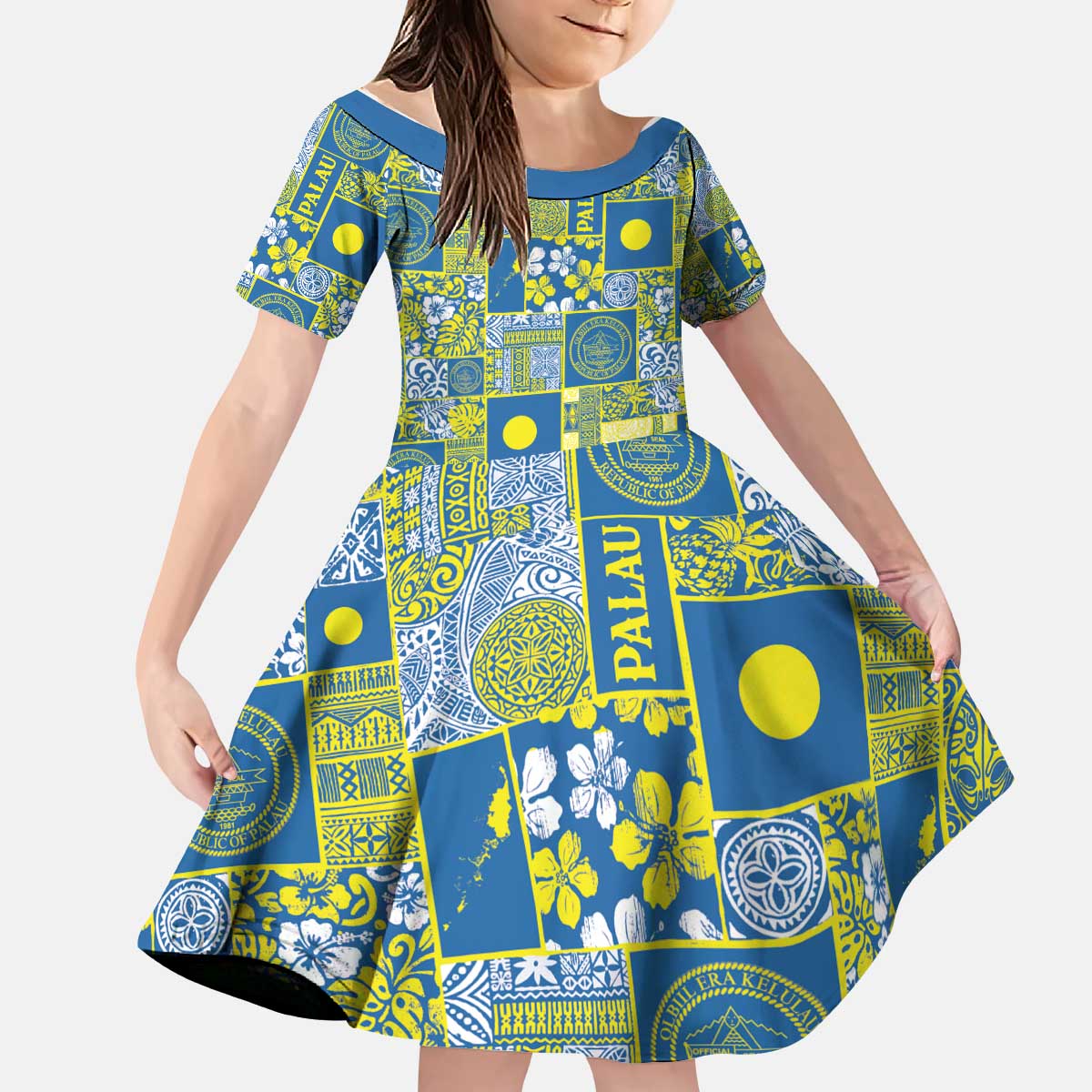 Palau Ungil Kurismas Kid Short Sleeve Dress Pacific Patchwork Xmas Vibes - Polynesian Pride