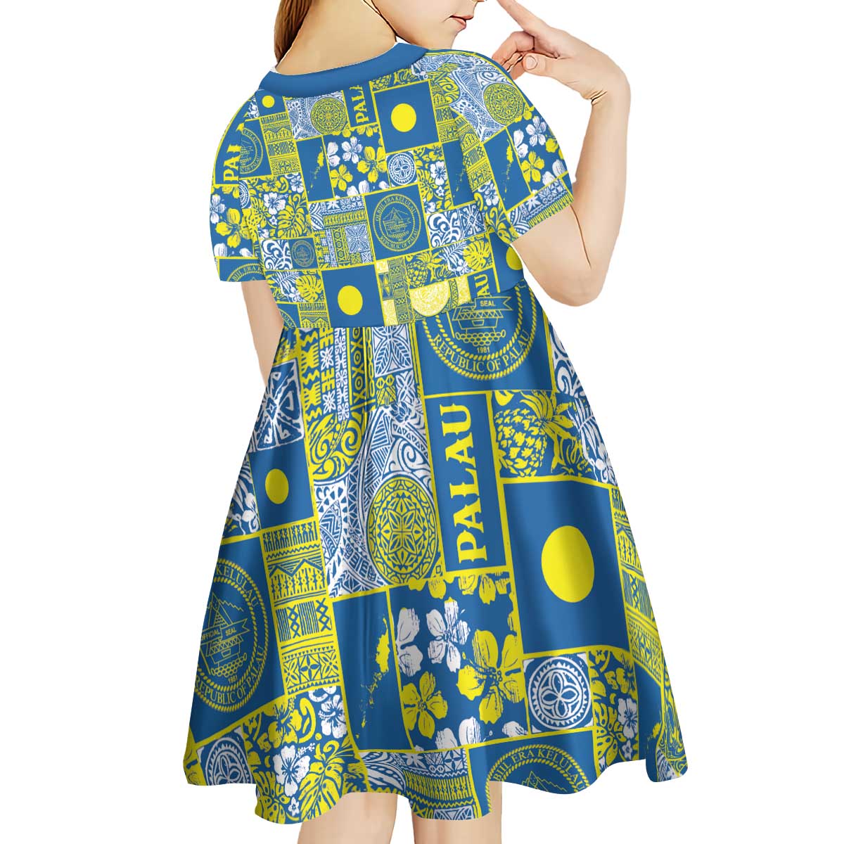 Palau Ungil Kurismas Kid Short Sleeve Dress Pacific Patchwork Xmas Vibes - Polynesian Pride