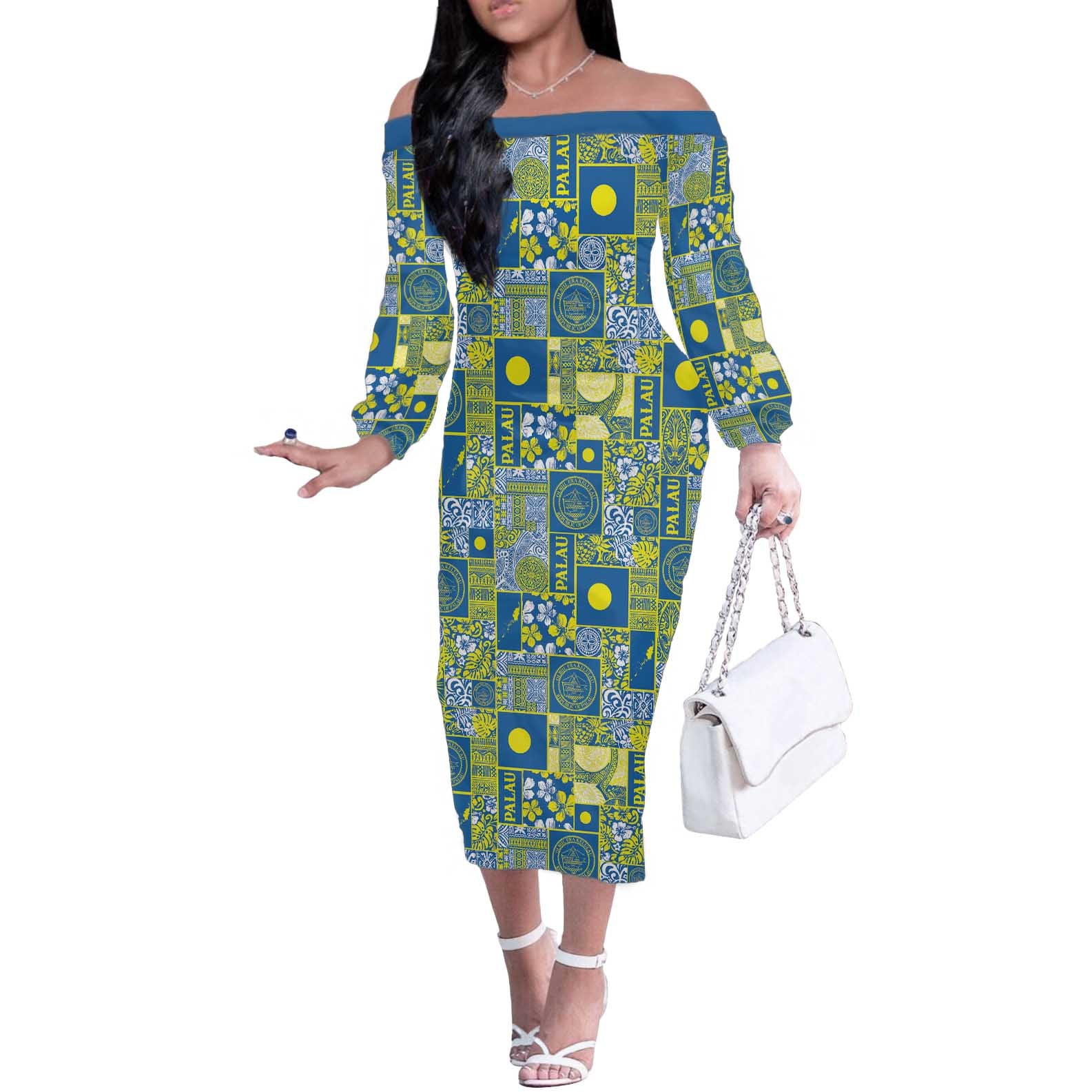Palau Ungil Kurismas Off The Shoulder Long Sleeve Dress Pacific Patchwork Xmas Vibes - Polynesian Pride
