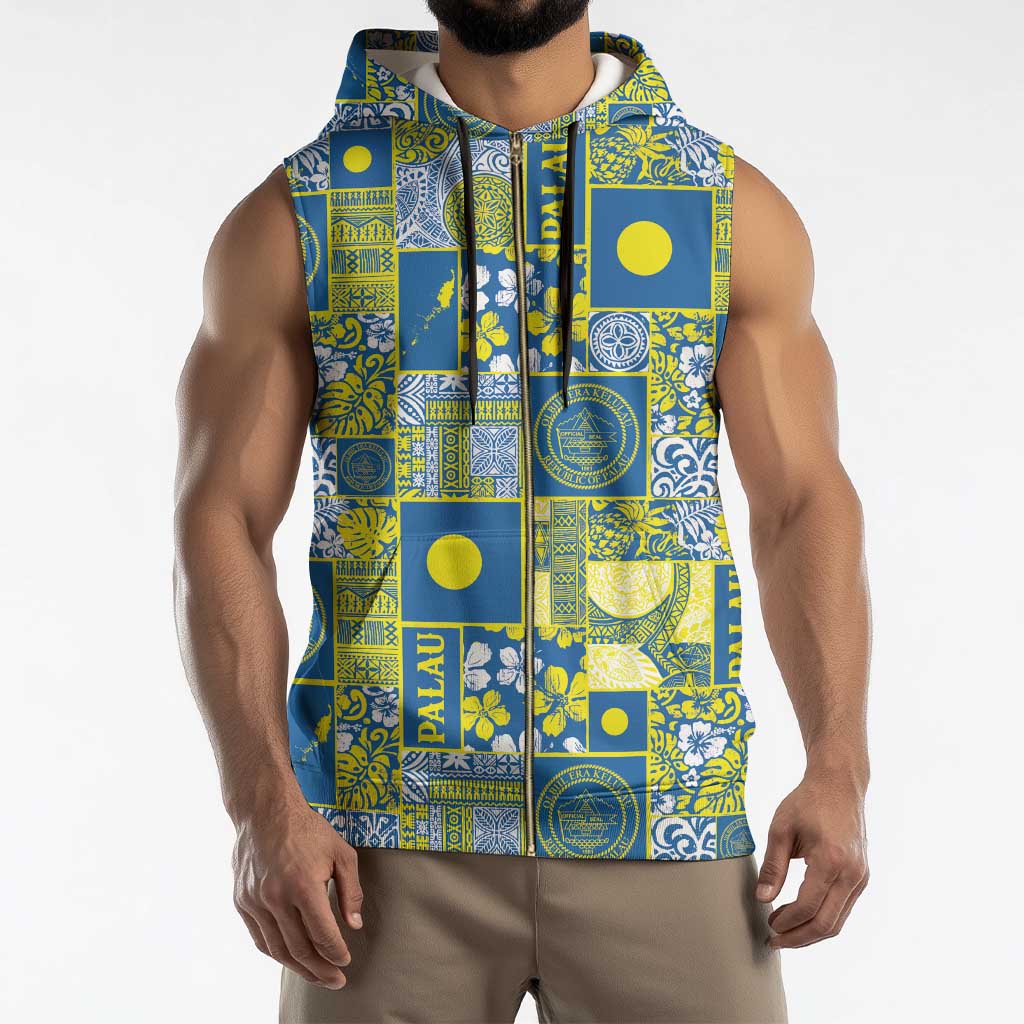 Palau Ungil Kurismas Sleeveless Zip Hoodie Pacific Patchwork Xmas Vibes - Polynesian Pride