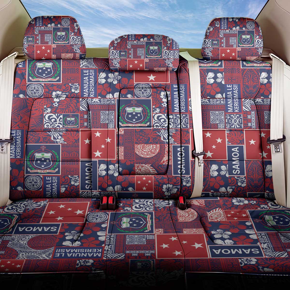 Red Samoa Manuia Le Kerisimasi Back Car Seat Cover Pacific Patchwork Xmas Vibes - Polynesian Pride