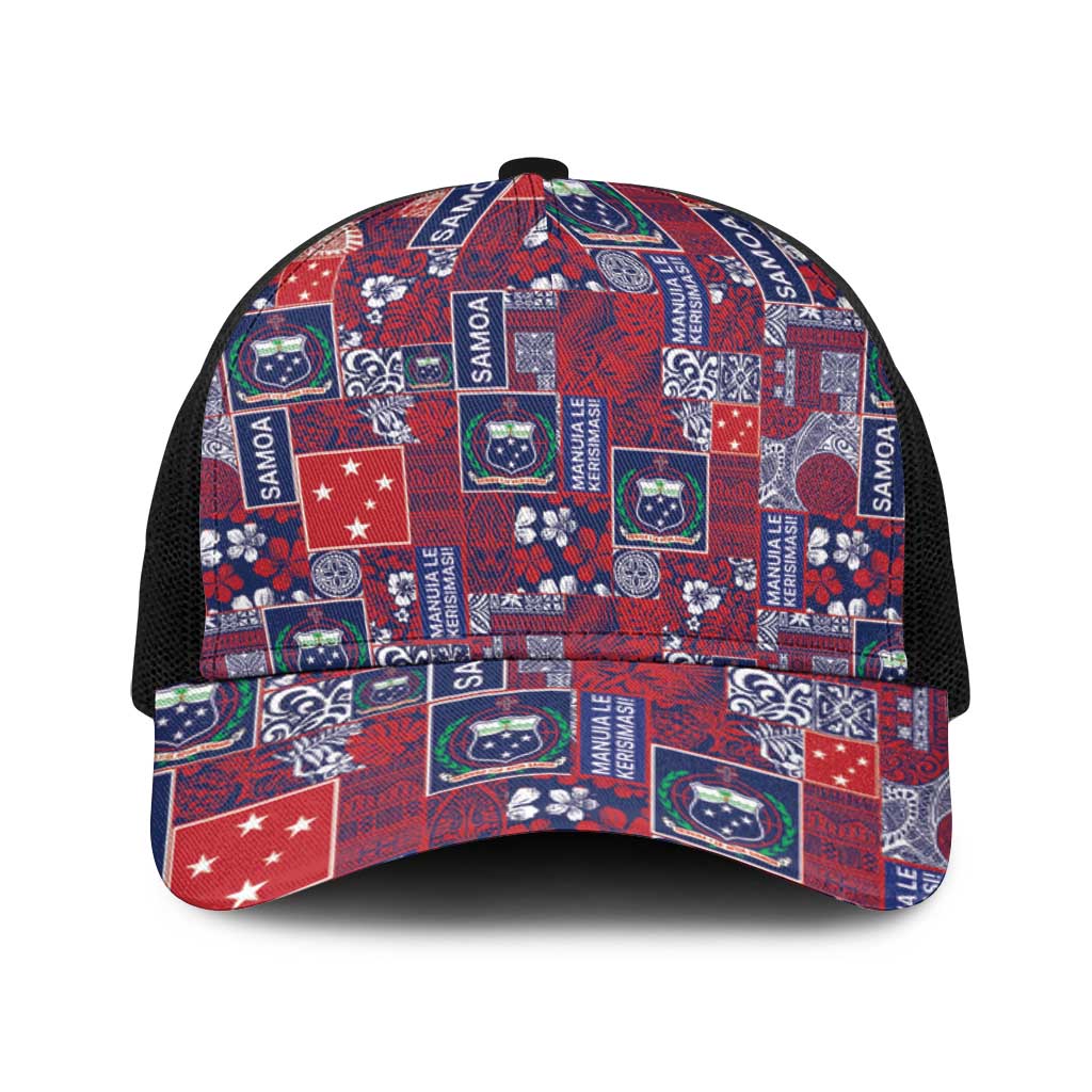 Red Samoa Manuia Le Kerisimasi Baseball Net Cap Pacific Patchwork Xmas Vibes - Polynesian Pride