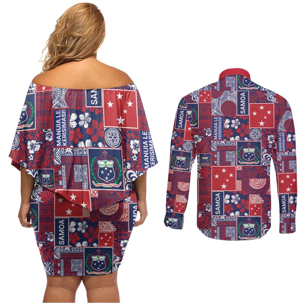 Red Samoa Manuia Le Kerisimasi Couples Matching Off Shoulder Short Dress and Long Sleeve Button Shirt Pacific Patchwork Xmas Vibes - Polynesian Pride