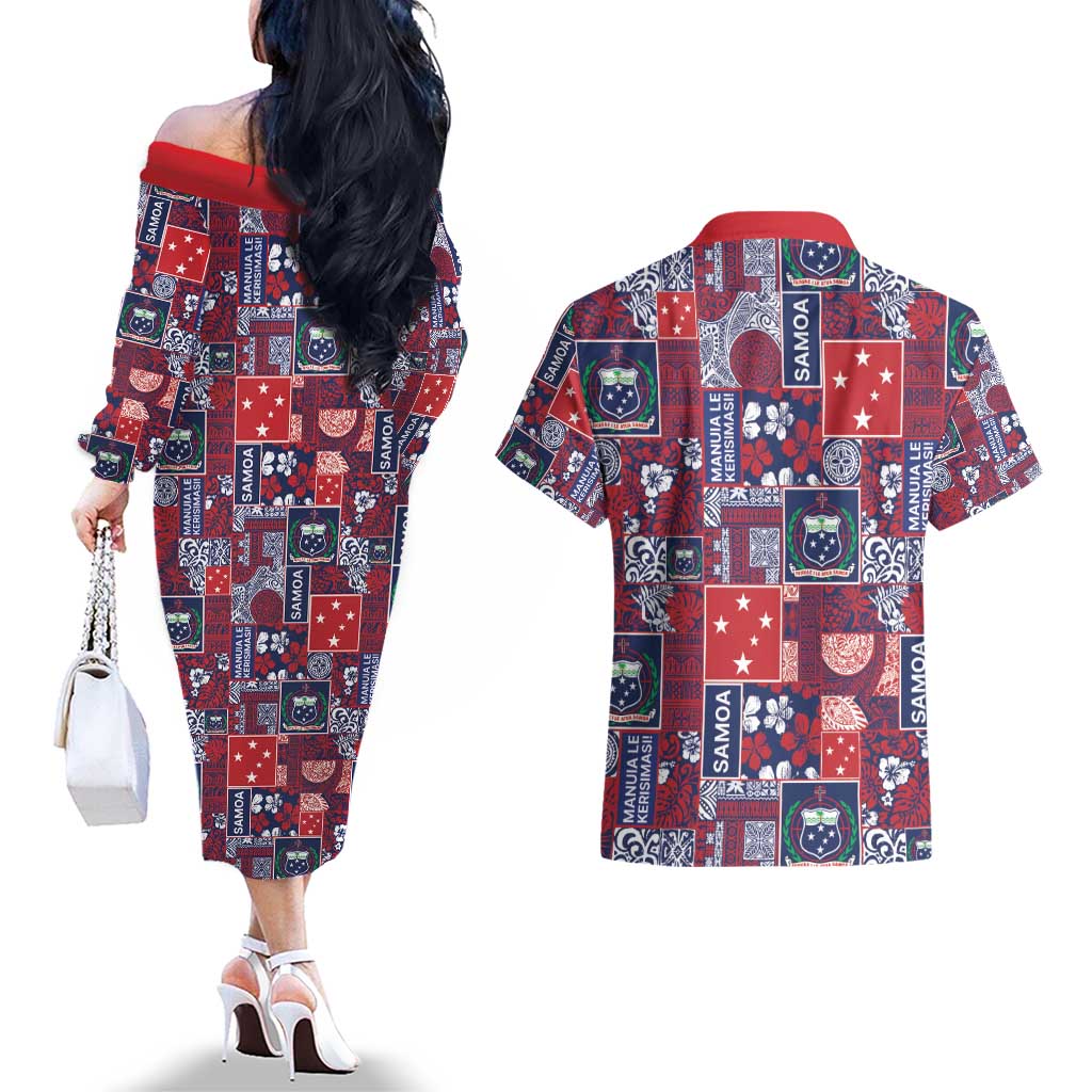 Red Samoa Manuia Le Kerisimasi Couples Matching Off The Shoulder Long Sleeve Dress and Hawaiian Shirt Pacific Patchwork Xmas Vibes - Polynesian Pride