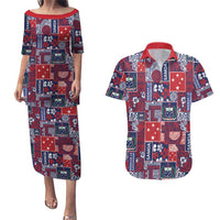 Red Samoa Manuia Le Kerisimasi Couples Matching Puletasi and Hawaiian Shirt Pacific Patchwork Xmas Vibes - Polynesian Pride