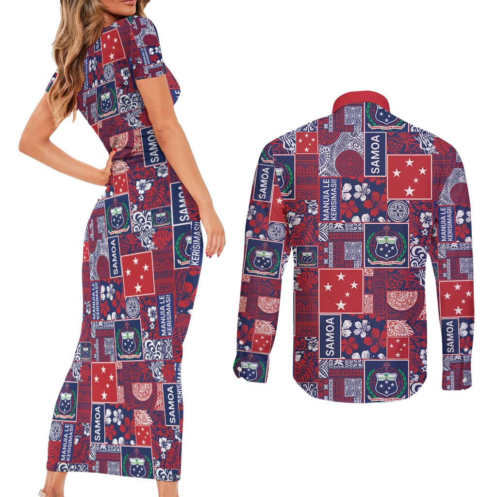 Red Samoa Manuia Le Kerisimasi Couples Matching Short Sleeve Bodycon Dress and Long Sleeve Button Shirt Pacific Patchwork Xmas Vibes - Polynesian Pride