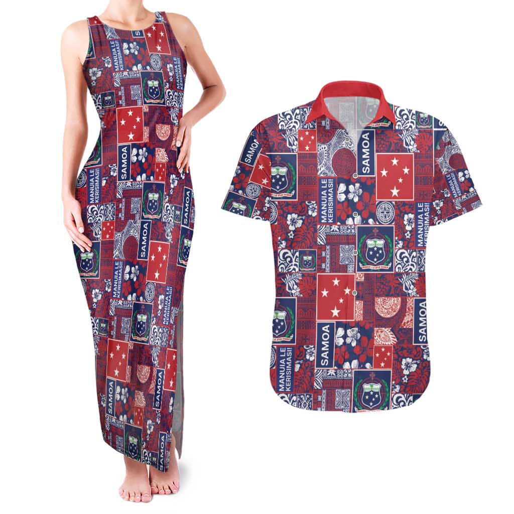 Red Samoa Manuia Le Kerisimasi Couples Matching Tank Maxi Dress and Hawaiian Shirt Pacific Patchwork Xmas Vibes - Polynesian Pride