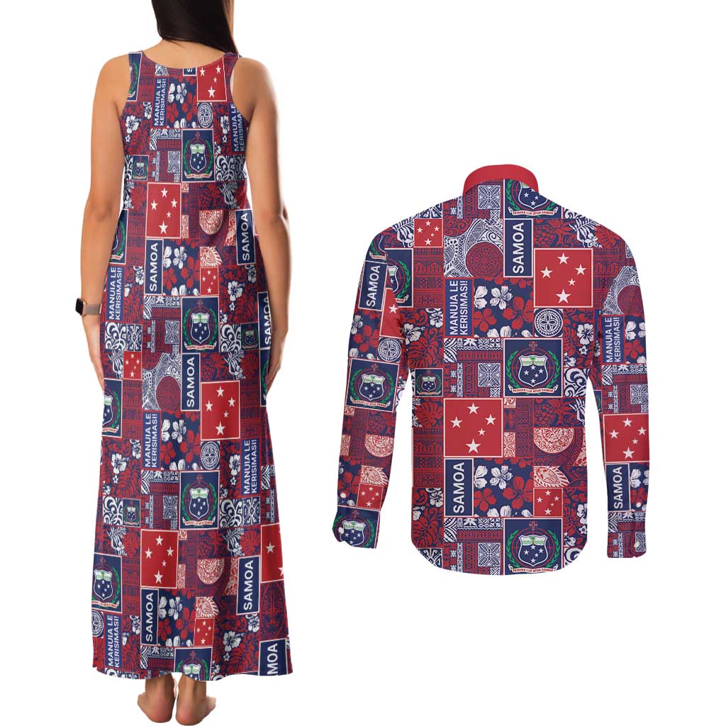 Red Samoa Manuia Le Kerisimasi Couples Matching Tank Maxi Dress and Long Sleeve Button Shirt Pacific Patchwork Xmas Vibes - Polynesian Pride