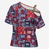 Red Samoa Manuia Le Kerisimasi Cross Shoulder Shirt Pacific Patchwork Xmas Vibes - Polynesian Pride