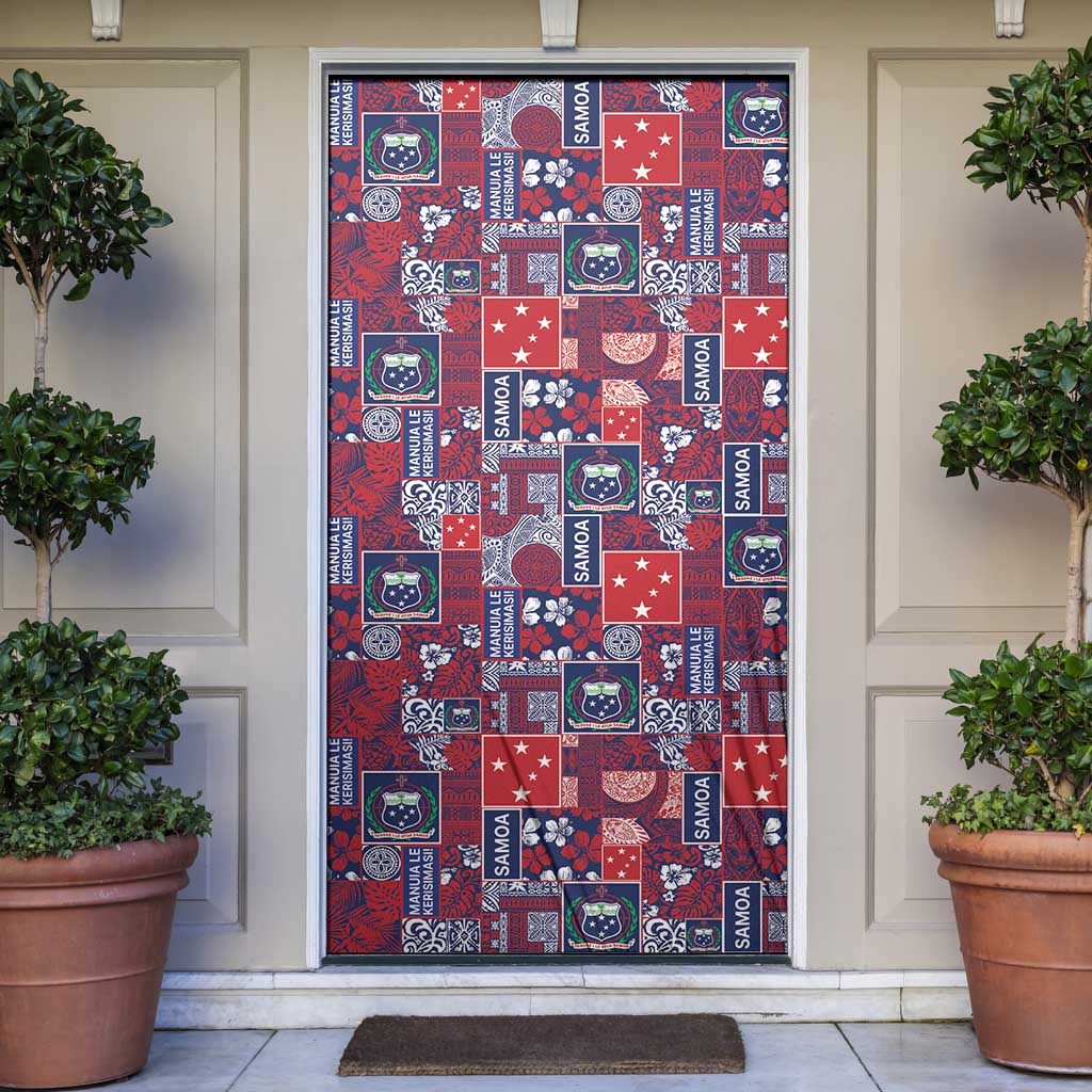 Red Samoa Manuia Le Kerisimasi Door Cover Pacific Patchwork Xmas Vibes - Polynesian Pride