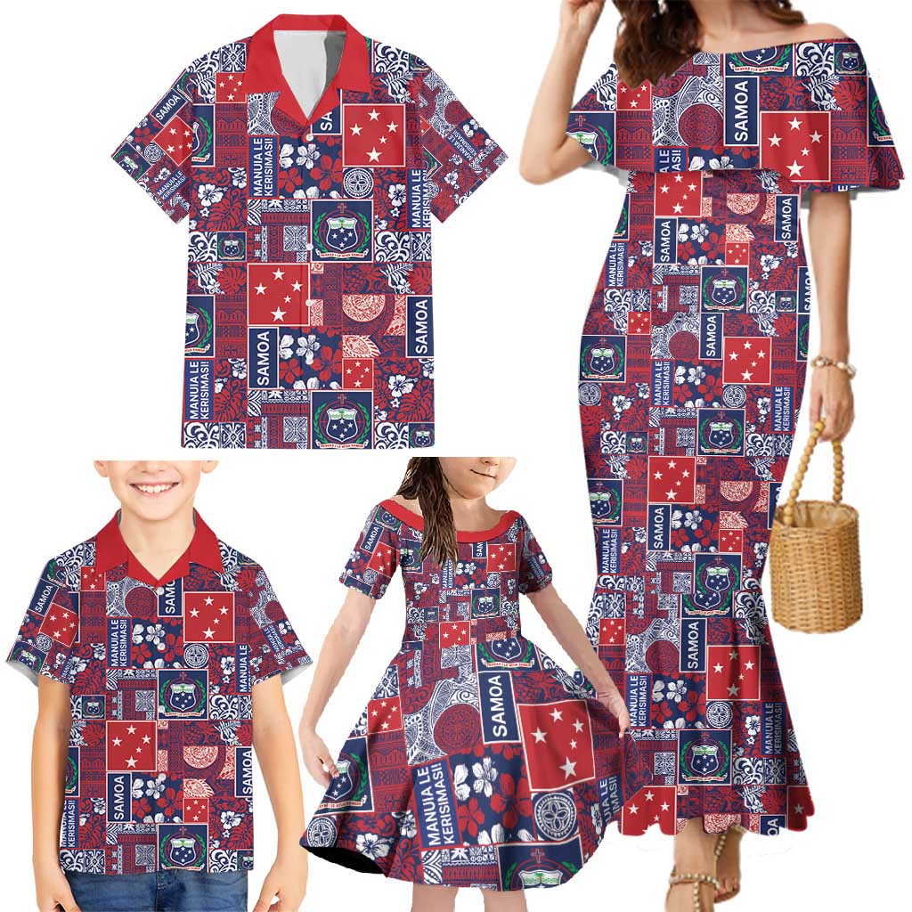 Red Samoa Manuia Le Kerisimasi Family Matching Mermaid Dress and Hawaiian Shirt Pacific Patchwork Xmas Vibes - Polynesian Pride