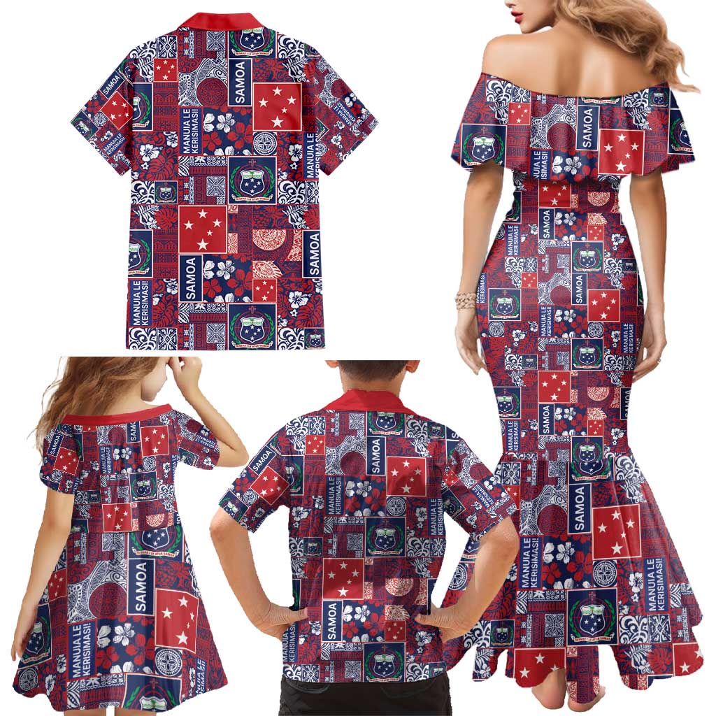 Red Samoa Manuia Le Kerisimasi Family Matching Mermaid Dress and Hawaiian Shirt Pacific Patchwork Xmas Vibes - Polynesian Pride