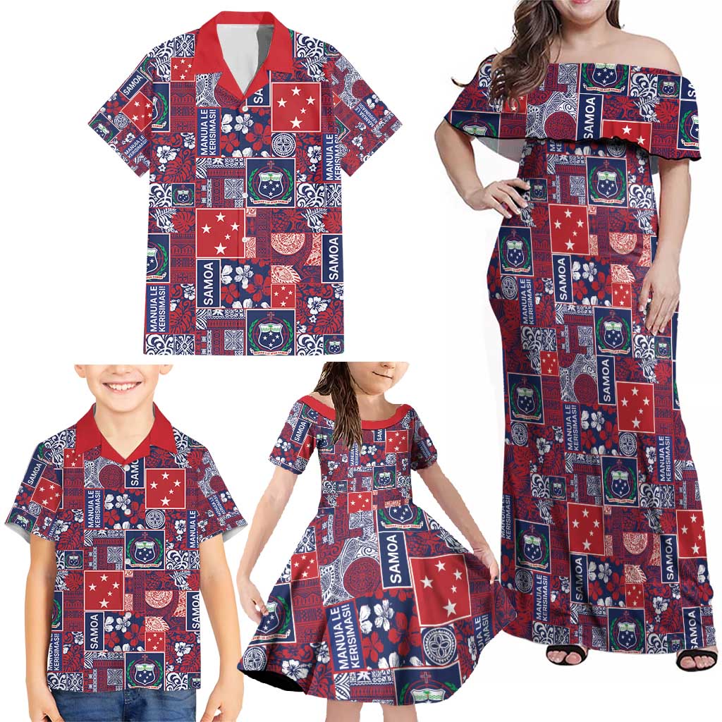 Red Samoa Manuia Le Kerisimasi Family Matching Off Shoulder Maxi Dress and Hawaiian Shirt Pacific Patchwork Xmas Vibes - Polynesian Pride